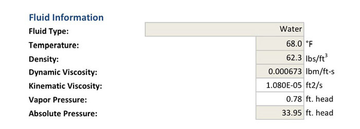 Fluid inputs for the condenser water pump calculator