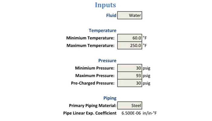 Expansion tank calculator fluid inputs